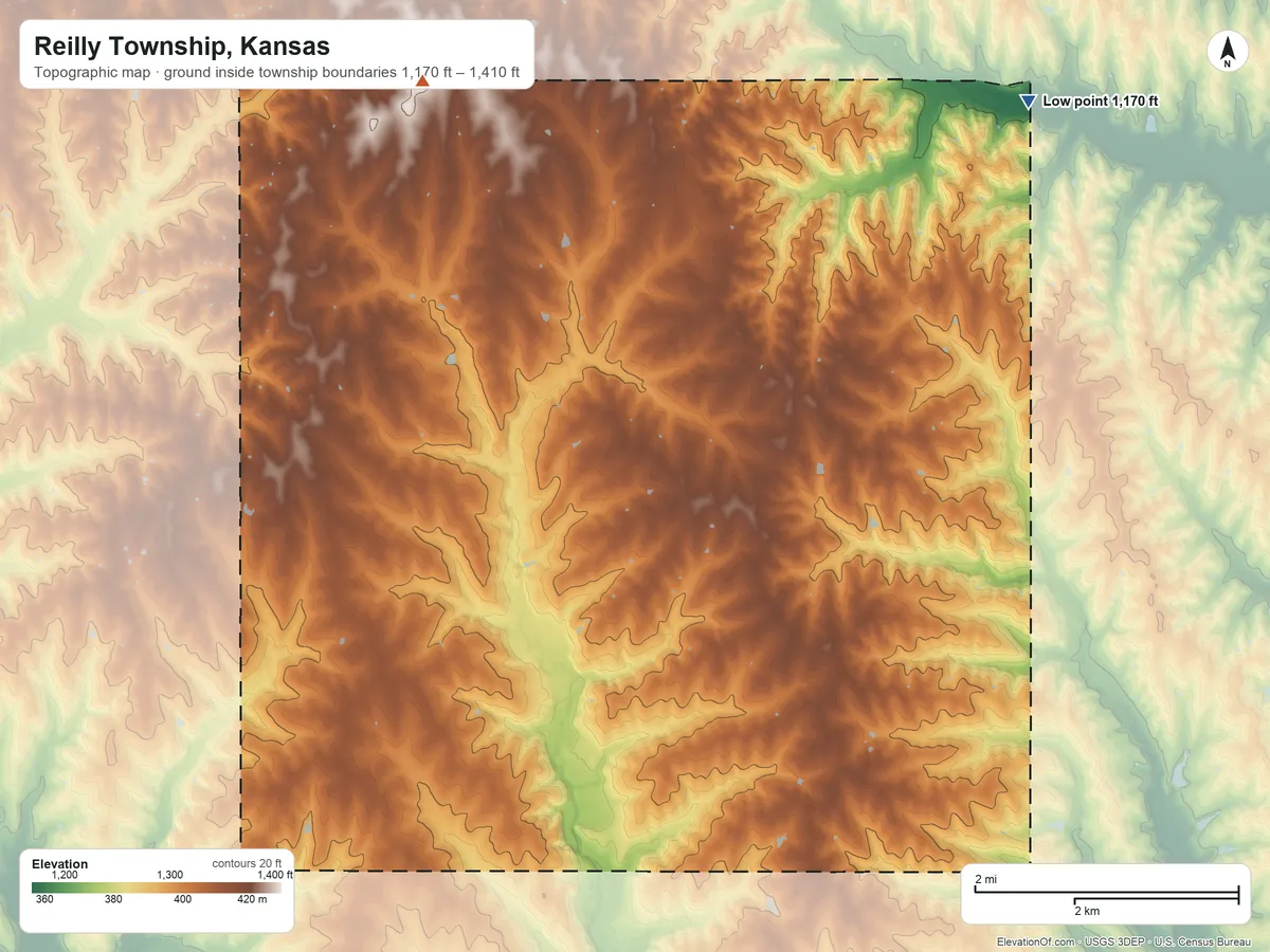 Topographic elevation map of Reilly Township, Kansas, shaded from 1,170 ft on the northeast side to 1,410 ft on the northwest side
