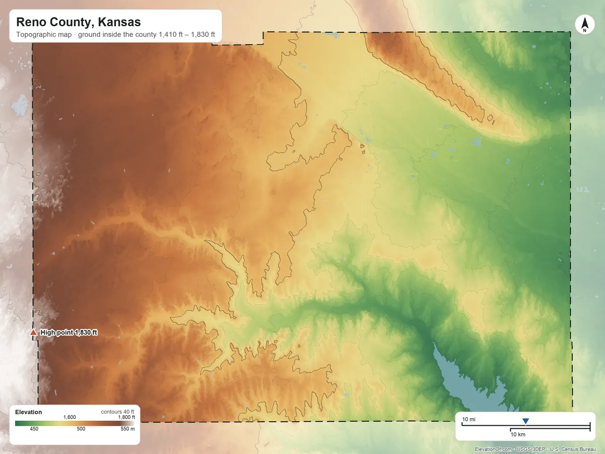 Topographic elevation map of Reno County, Kansas, shaded from 1,410 ft on the southeast side to 1,830 ft on the west side