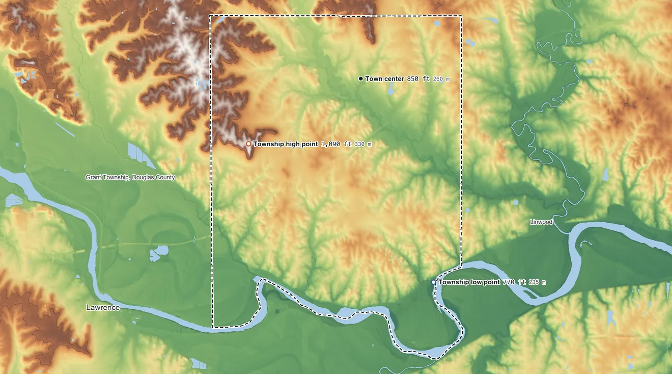 Topographic elevation map of Reno Township, Leavenworth County, Kansas, shaded from 770 ft on the south side to 1,090 ft on the southwest side