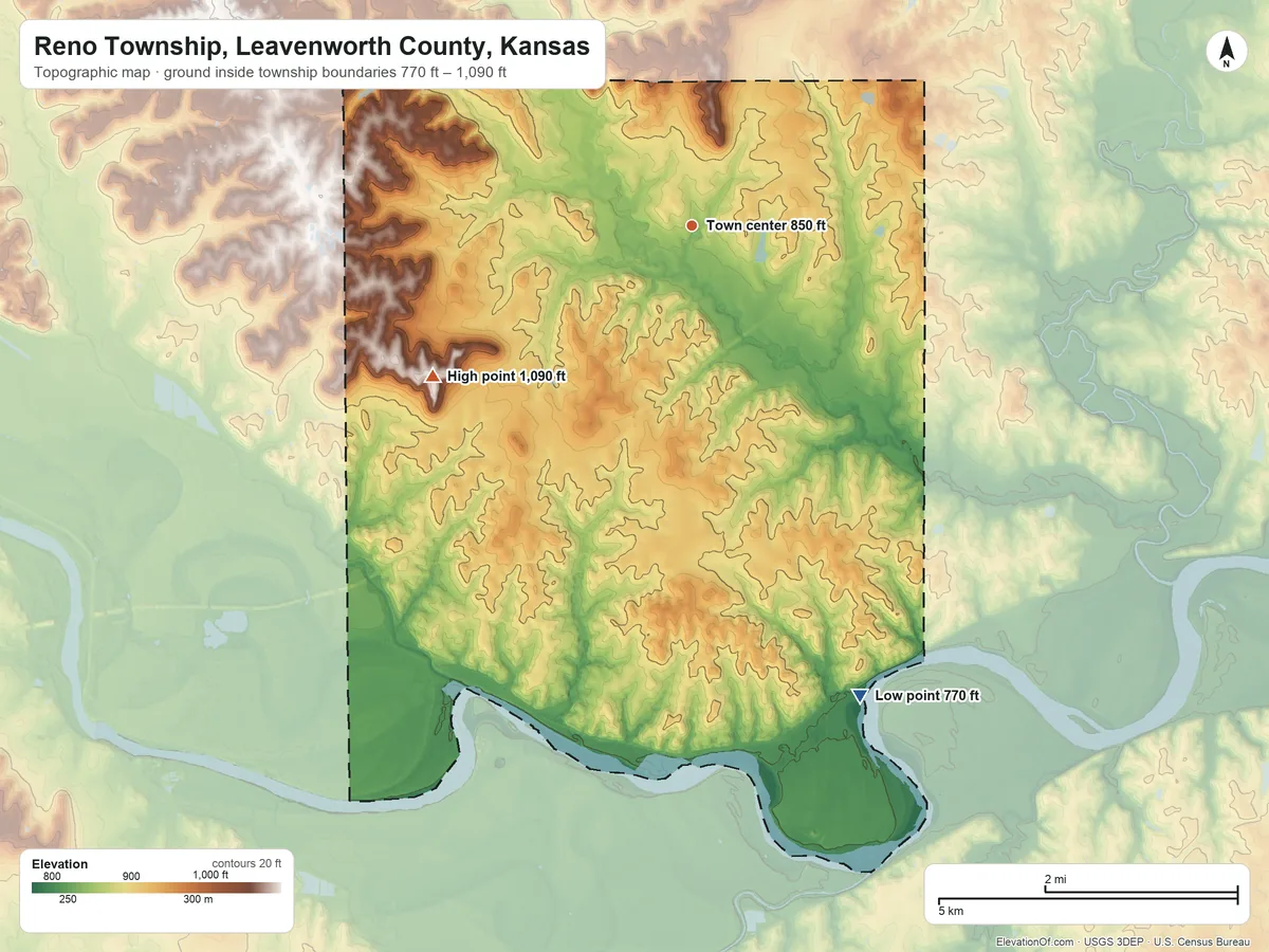 Topographic elevation map of Reno Township, Leavenworth County, Kansas, shaded from 770 ft on the south side to 1,090 ft on the southwest side