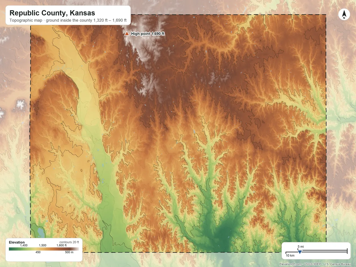 Topographic elevation map of Republic County, Kansas, shaded from 1,320 ft on the southeast side to 1,690 ft on the northwest side