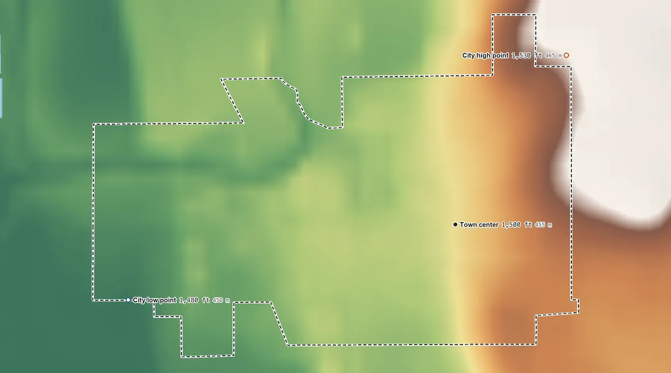 Topographic elevation map of Republic, Kansas, shaded from 1,480 ft on the west side to 1,530 ft on the northeast side