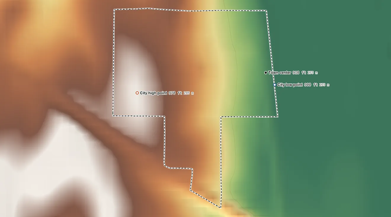 Topographic elevation map of Reserve, Kansas, shaded from 900 ft near the middle to 970 ft on the west side