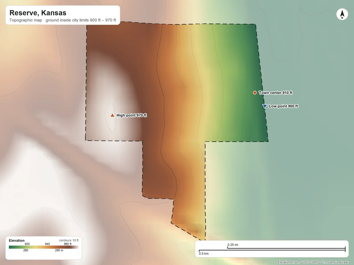 Topographic elevation map of Reserve, Kansas, shaded from 900 ft near the middle to 970 ft on the west side