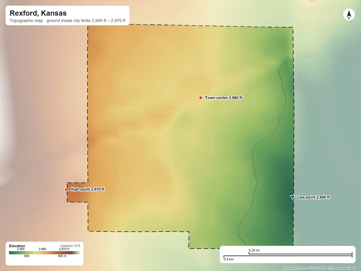 Topographic elevation map of Rexford, Kansas, shaded from 2,940 ft on the southeast side to 2,970 ft on the southwest side