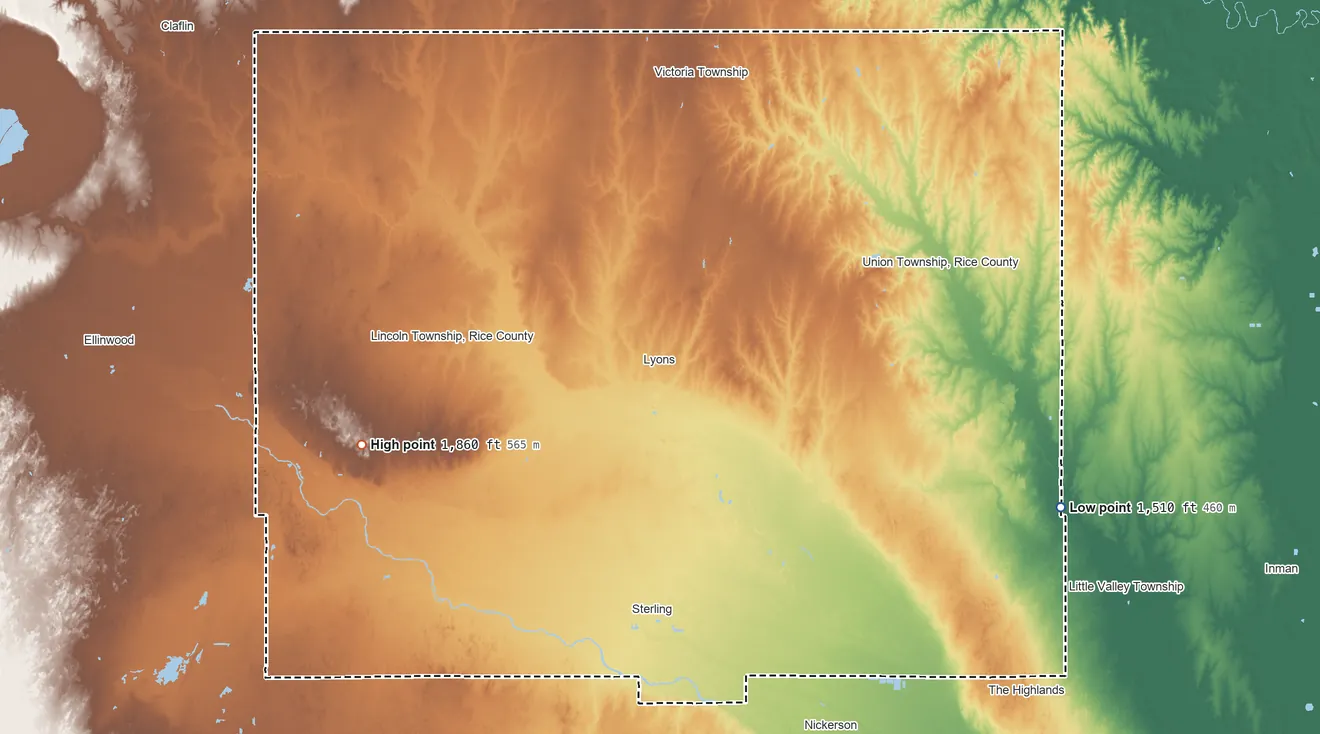Topographic elevation map of Rice County, Kansas, shaded from 1,510 ft on the east side to 1,860 ft on the west side