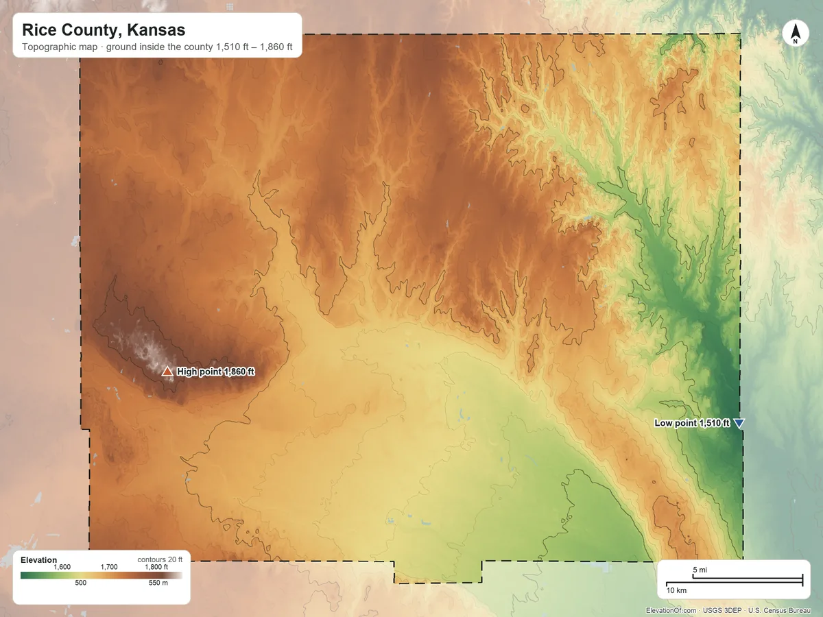 Topographic elevation map of Rice County, Kansas, shaded from 1,510 ft on the east side to 1,860 ft on the west side