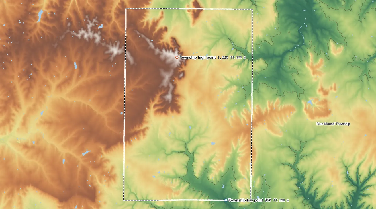 Topographic elevation map of Rich Township, Kansas, shaded from 960 ft on the southeast side to 1,220 ft on the north side