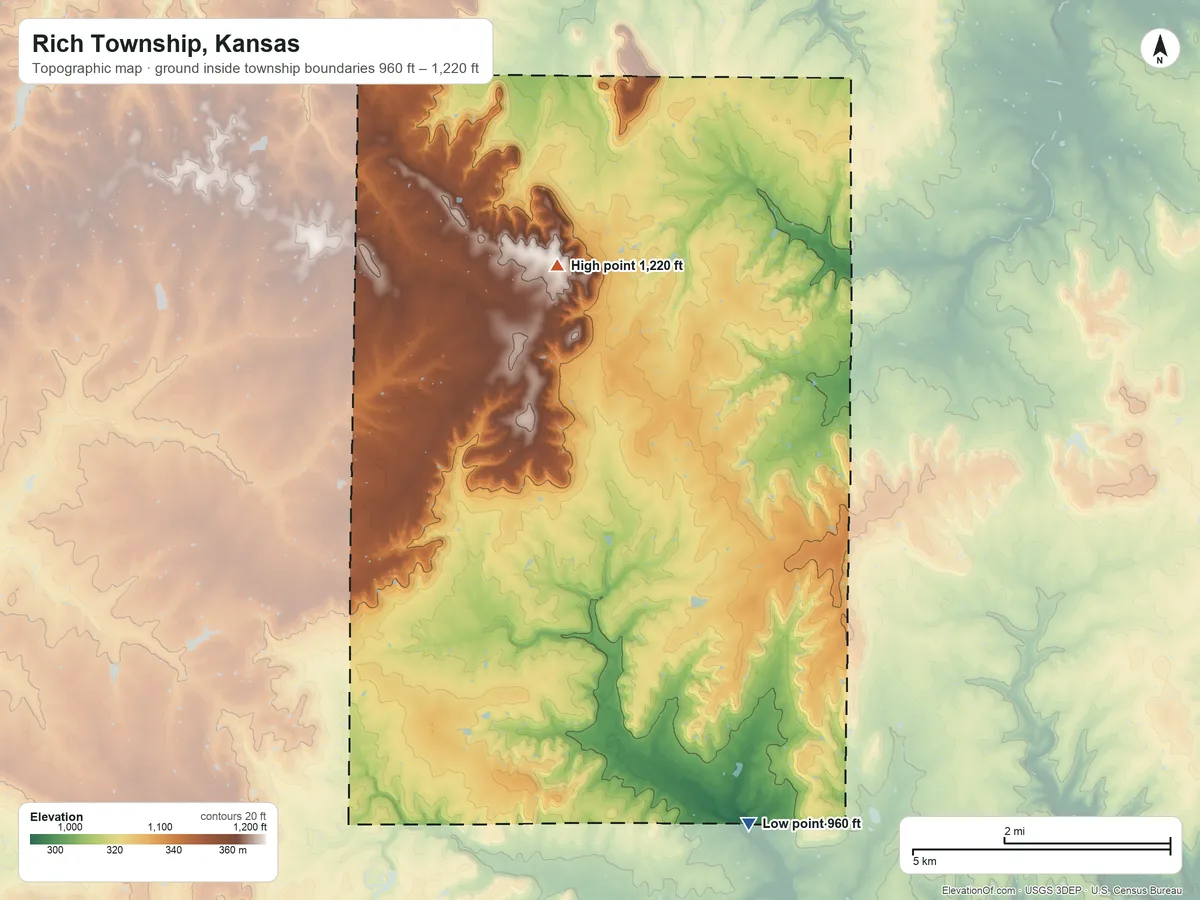 Topographic elevation map of Rich Township, Kansas, shaded from 960 ft on the southeast side to 1,220 ft on the north side