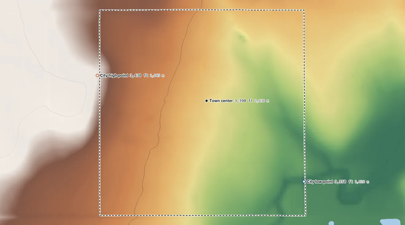 Topographic elevation map of Richfield, Kansas, shaded from 3,350 ft on the southeast side to 3,430 ft on the west side