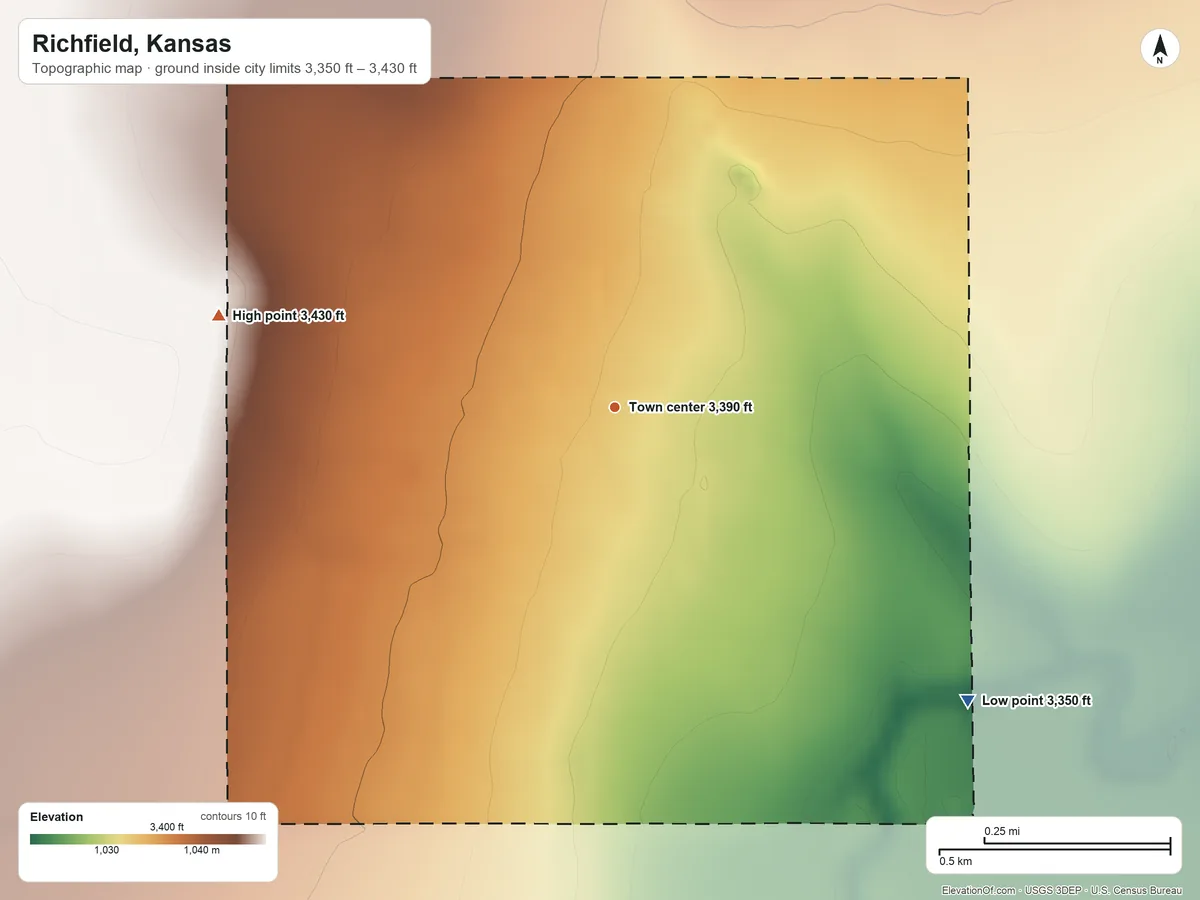 Topographic elevation map of Richfield, Kansas, shaded from 3,350 ft on the southeast side to 3,430 ft on the west side