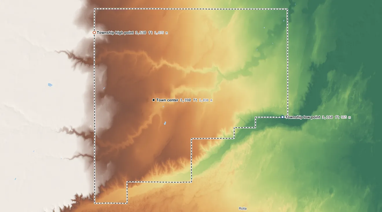 Topographic elevation map of Richfield Township, Kansas, shaded from 3,160 ft on the east side to 3,530 ft on the northwest side