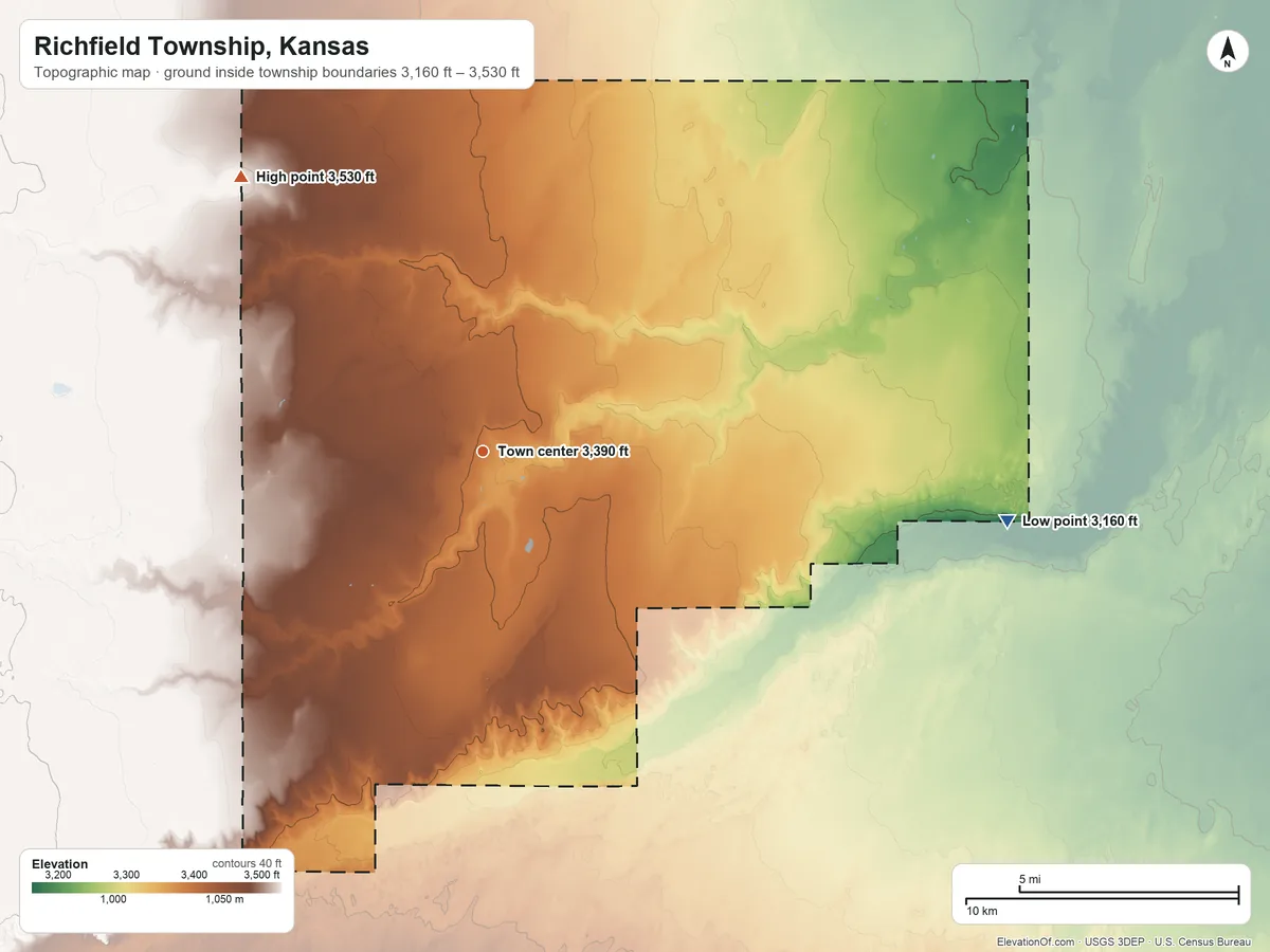 Topographic elevation map of Richfield Township, Kansas, shaded from 3,160 ft on the east side to 3,530 ft on the northwest side