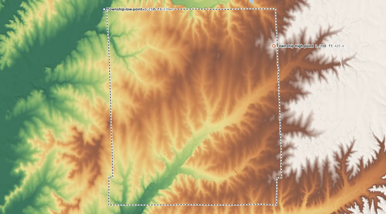 Topographic elevation map of Richland Township, Cowley County, Kansas, shaded from 1,210 ft on the northwest side to 1,390 ft on the northeast side