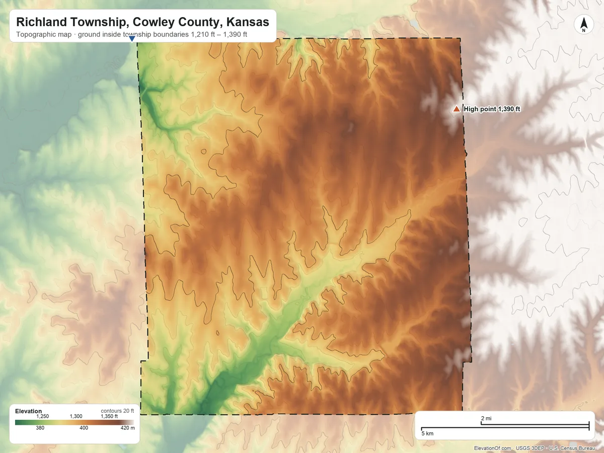 Topographic elevation map of Richland Township, Cowley County, Kansas, shaded from 1,210 ft on the northwest side to 1,390 ft on the northeast side
