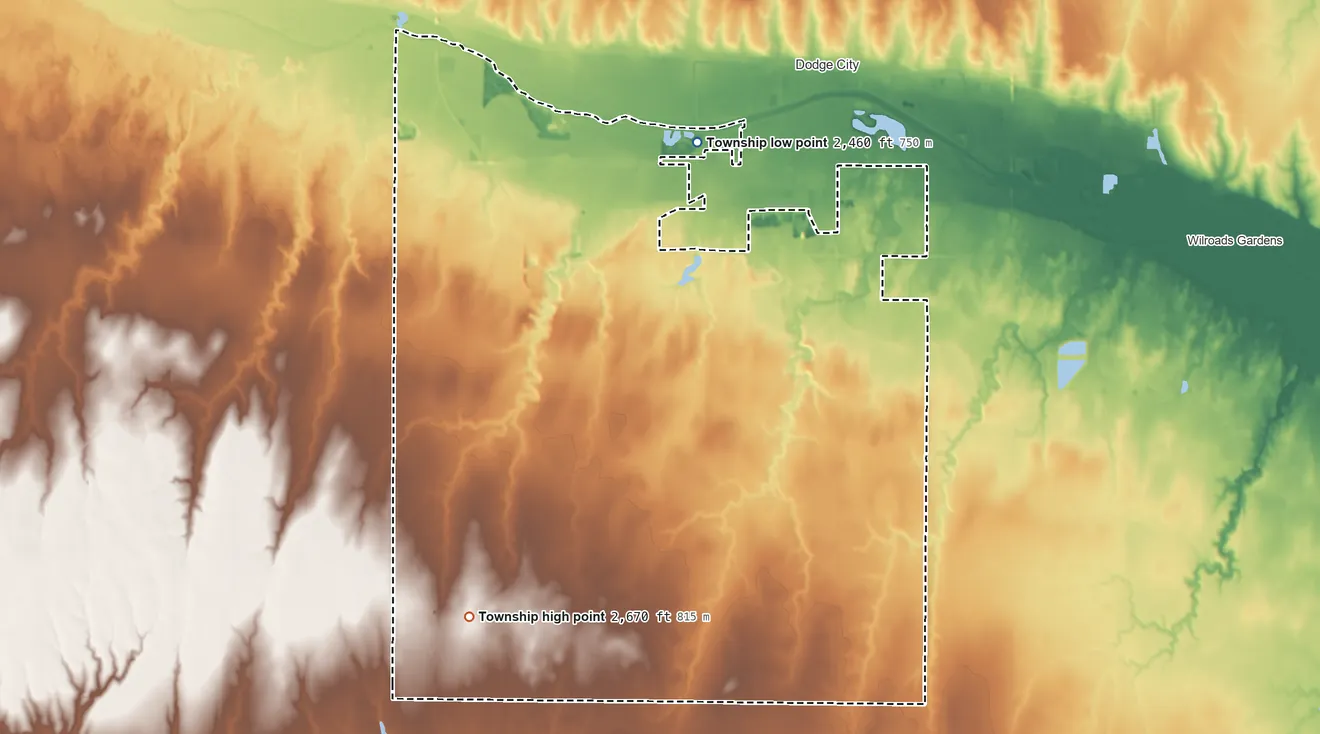 Topographic elevation map of Richland Township, Ford County, Kansas, shaded from 2,460 ft near the middle to 2,670 ft on the southwest side