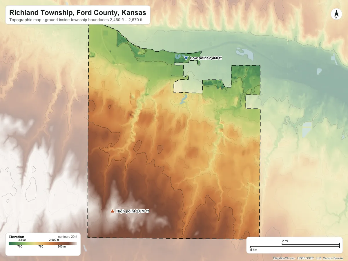 Topographic elevation map of Richland Township, Ford County, Kansas, shaded from 2,460 ft near the middle to 2,670 ft on the southwest side