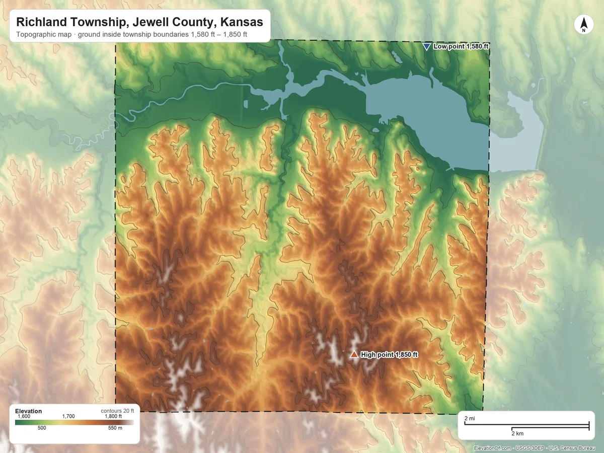 Topographic elevation map of Richland Township, Jewell County, Kansas, shaded from 1,580 ft on the northeast side to 1,850 ft on the south side