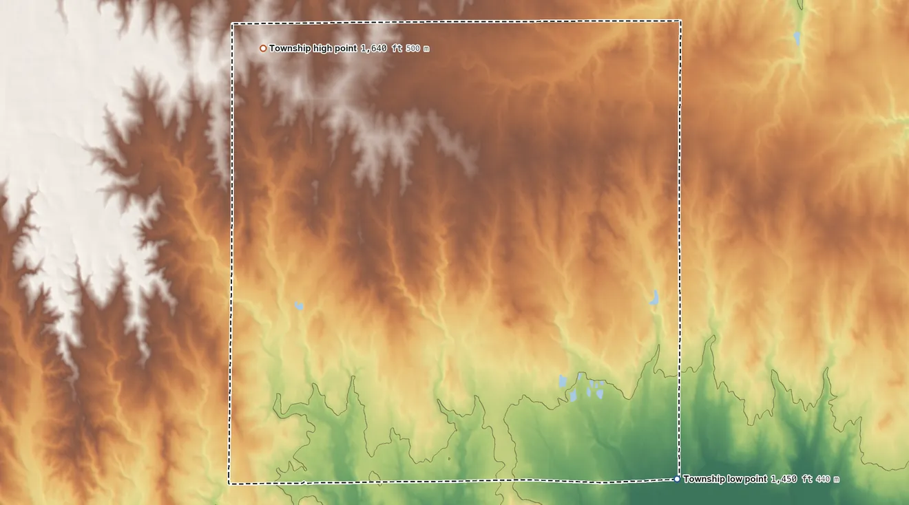 Topographic elevation map of Richland Township, Kingman County, Kansas, shaded from 1,450 ft on the southeast side to 1,640 ft on the northwest side