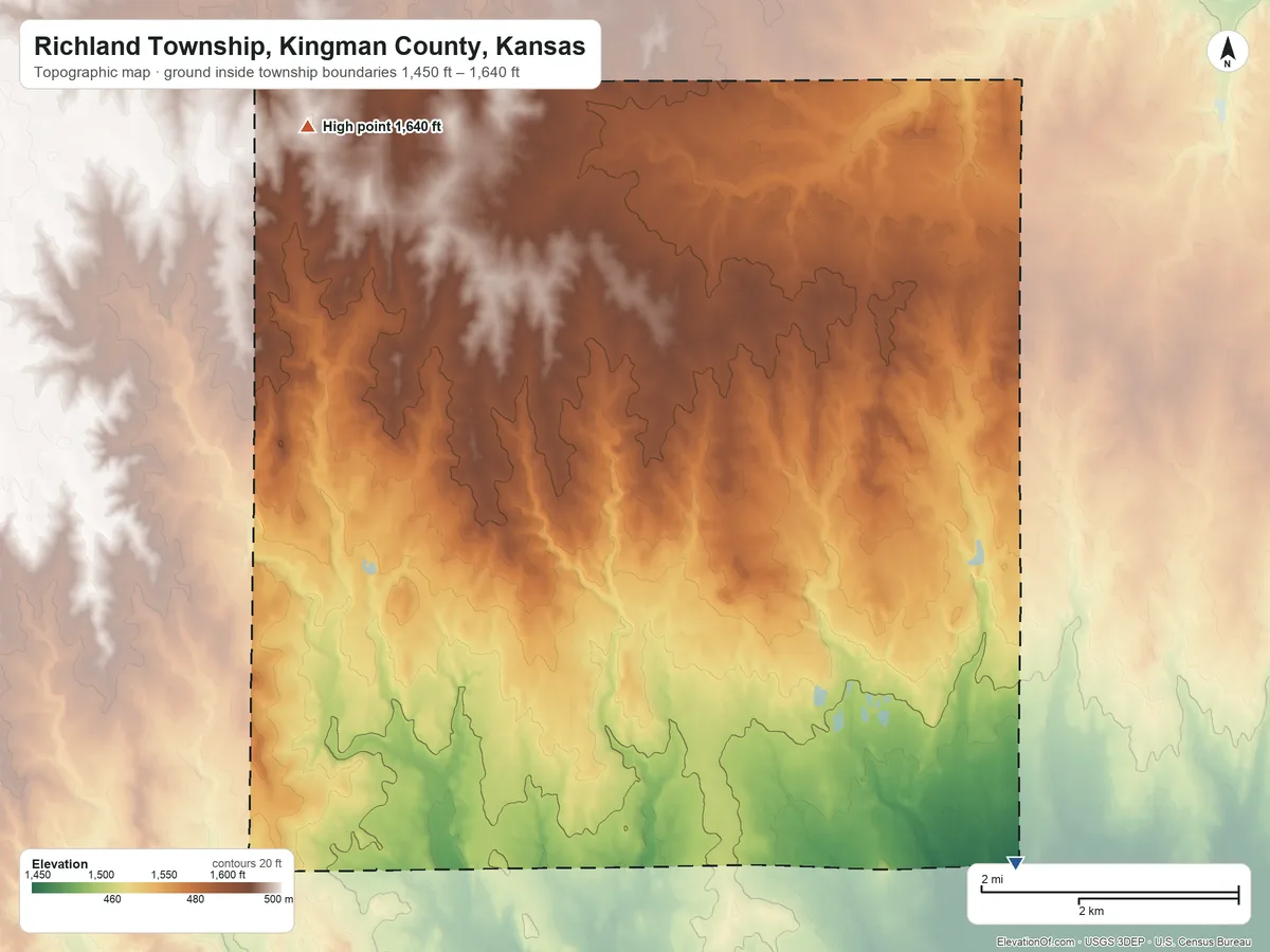 Topographic elevation map of Richland Township, Kingman County, Kansas, shaded from 1,450 ft on the southeast side to 1,640 ft on the northwest side