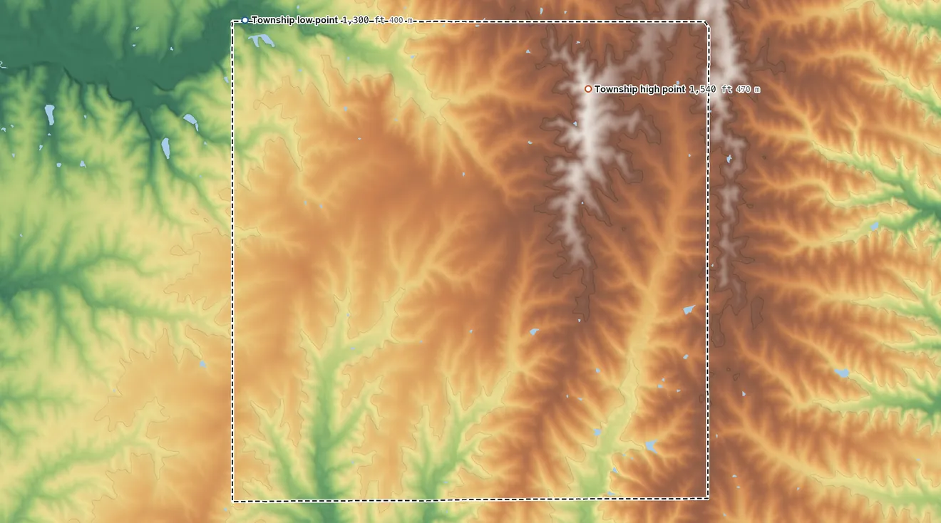Topographic elevation map of Richland Township, Marshall County, Kansas, shaded from 1,300 ft on the northwest side to 1,540 ft on the north side
