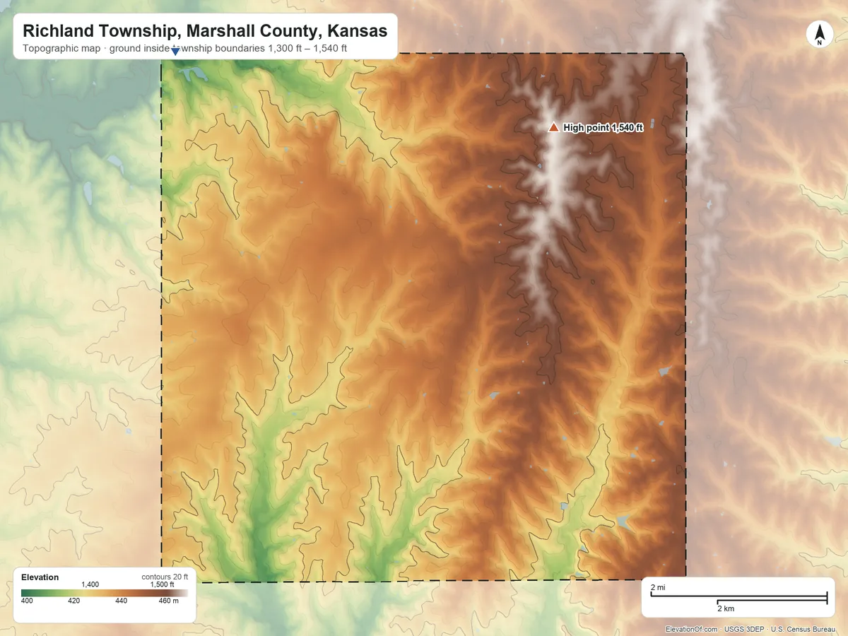 Topographic elevation map of Richland Township, Marshall County, Kansas, shaded from 1,300 ft on the northwest side to 1,540 ft on the north side
