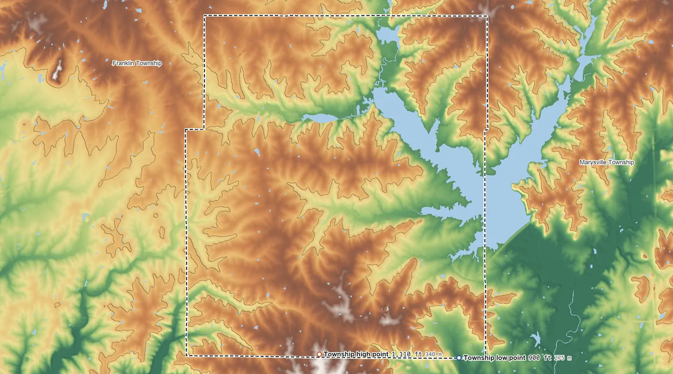 Topographic elevation map of Richland Township, Miami County, Kansas, shaded from 900 ft on the southeast side to 1,110 ft on the south side