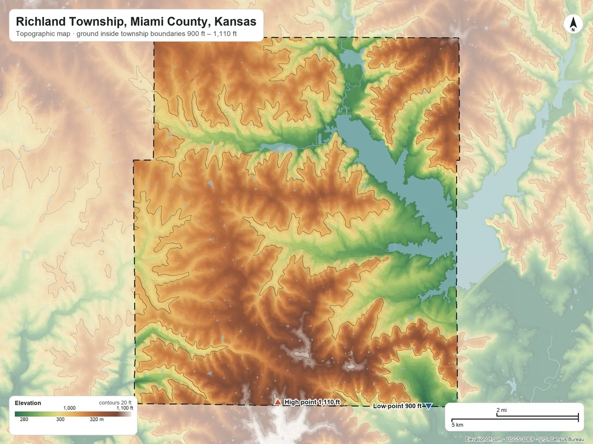 Topographic elevation map of Richland Township, Miami County, Kansas, shaded from 900 ft on the southeast side to 1,110 ft on the south side