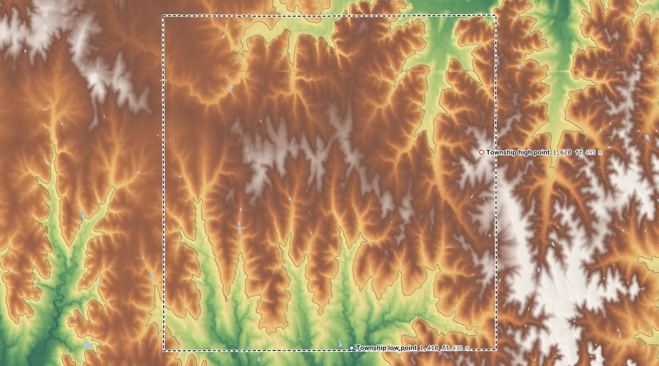 Topographic elevation map of Richland Township, Republic County, Kansas, shaded from 1,410 ft on the southeast side to 1,620 ft on the east side