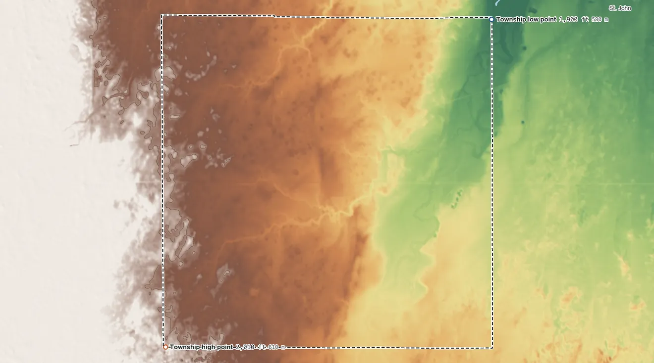 Topographic elevation map of Richland Township, Stafford County, Kansas, shaded from 1,900 ft on the northeast side to 2,010 ft on the southwest side