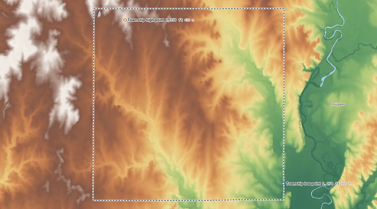 Topographic elevation map of Richland Township, Kansas, shaded from 1,170 ft on the southeast side to 1,350 ft on the northwest side