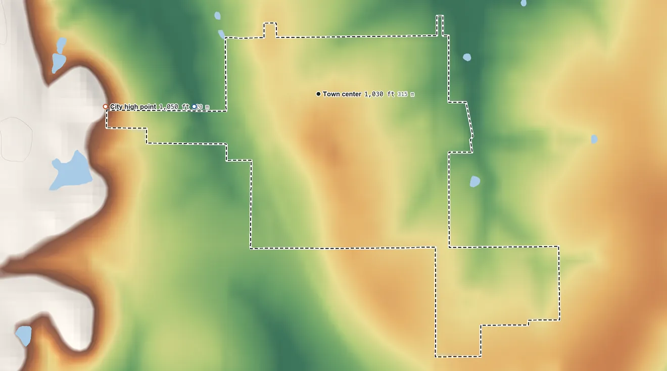 Topographic elevation map of Richmond, Kansas, shaded from 1,010 ft on the west side to 1,050 ft on the west side