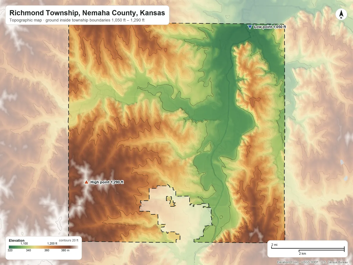 Topographic elevation map of Richmond Township, Nemaha County, Kansas, shaded from 1,050 ft on the northeast side to 1,290 ft on the southwest side