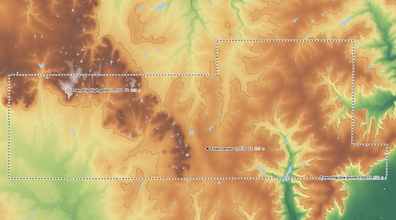 Topographic elevation map of Richmond Township, Kansas, shaded from 890 ft on the east side to 1,100 ft on the northwest side