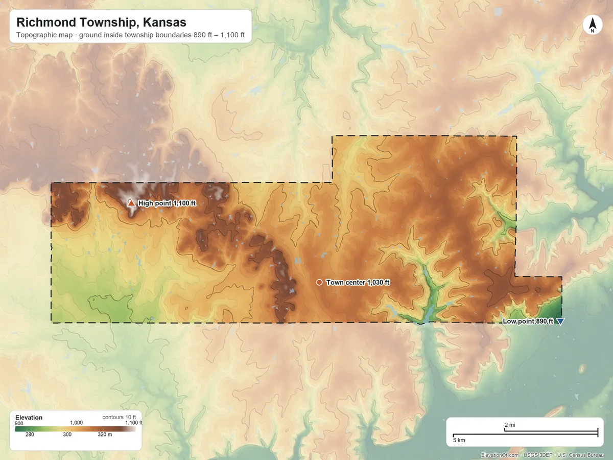 Topographic elevation map of Richmond Township, Kansas, shaded from 890 ft on the east side to 1,100 ft on the northwest side