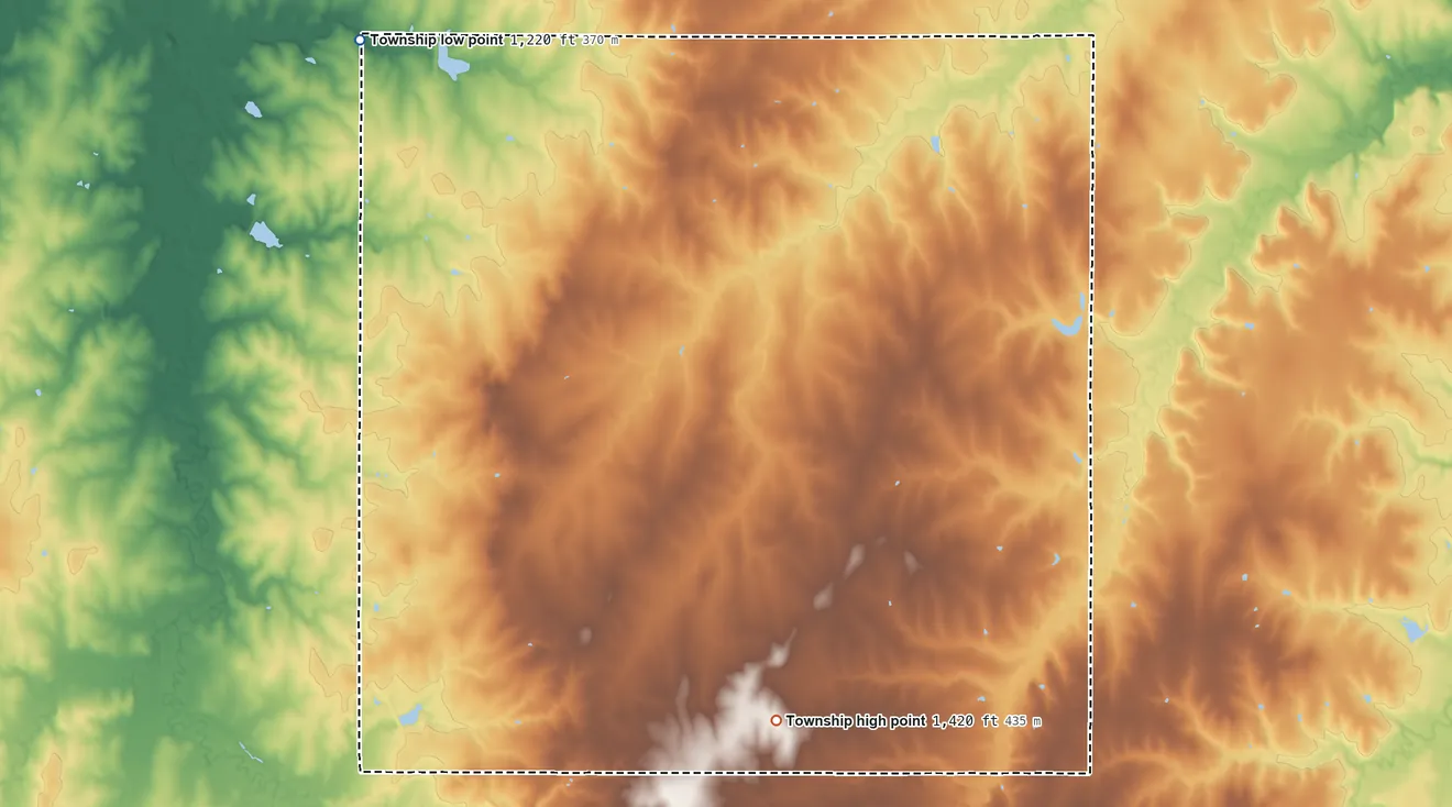 Topographic elevation map of Ridge Township, Kansas, shaded from 1,220 ft on the northwest side to 1,420 ft on the south side