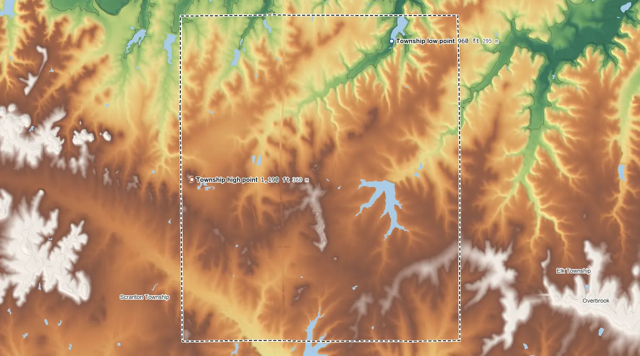 Topographic elevation map of Ridgeway Township, Kansas, shaded from 960 ft on the northeast side to 1,190 ft on the west side