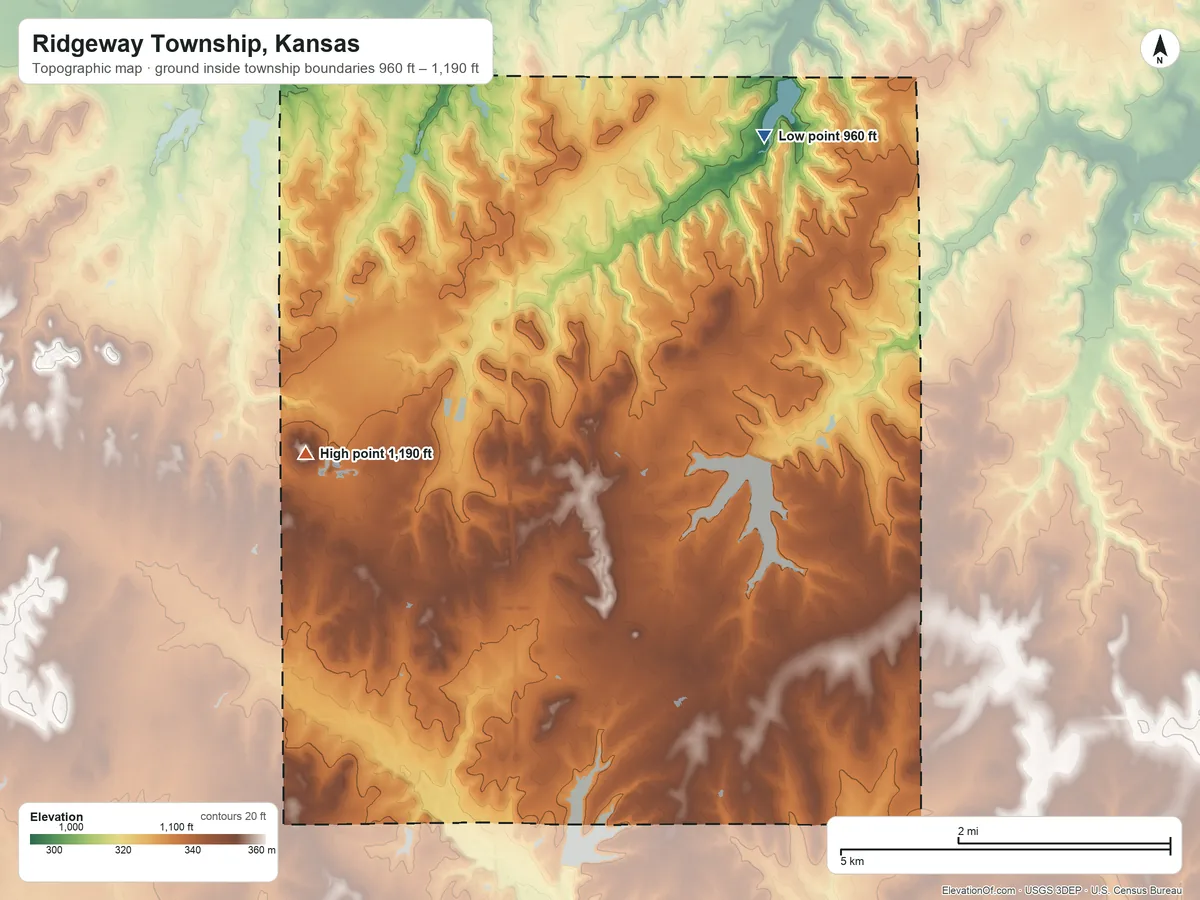 Topographic elevation map of Ridgeway Township, Kansas, shaded from 960 ft on the northeast side to 1,190 ft on the west side