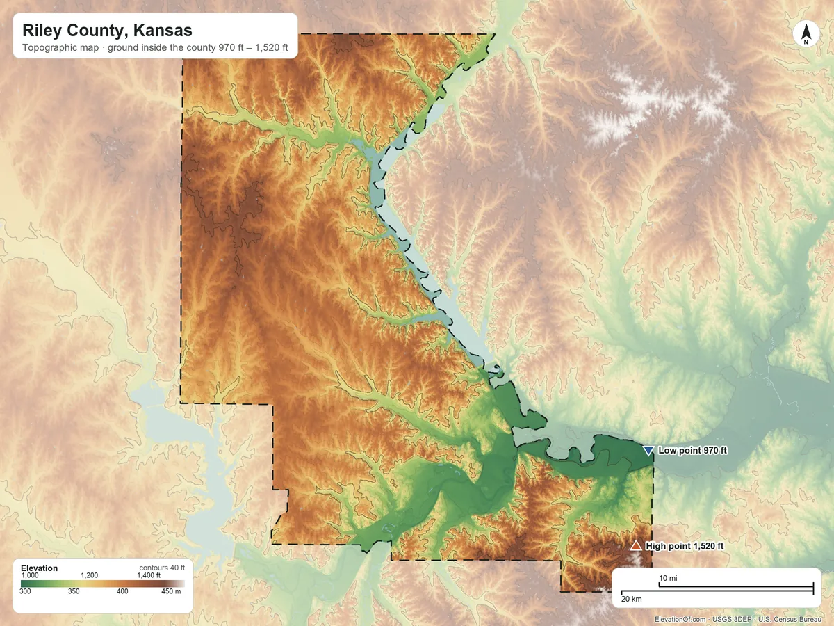 Topographic elevation map of Riley County, Kansas, shaded from 970 ft on the southeast side to 1,520 ft on the southeast side