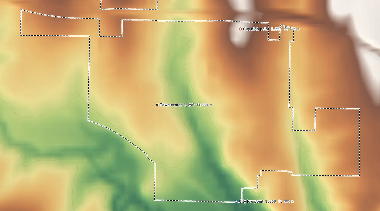 Topographic elevation map of Riley, Kansas, shaded from 1,260 ft on the southeast side to 1,330 ft on the northeast side