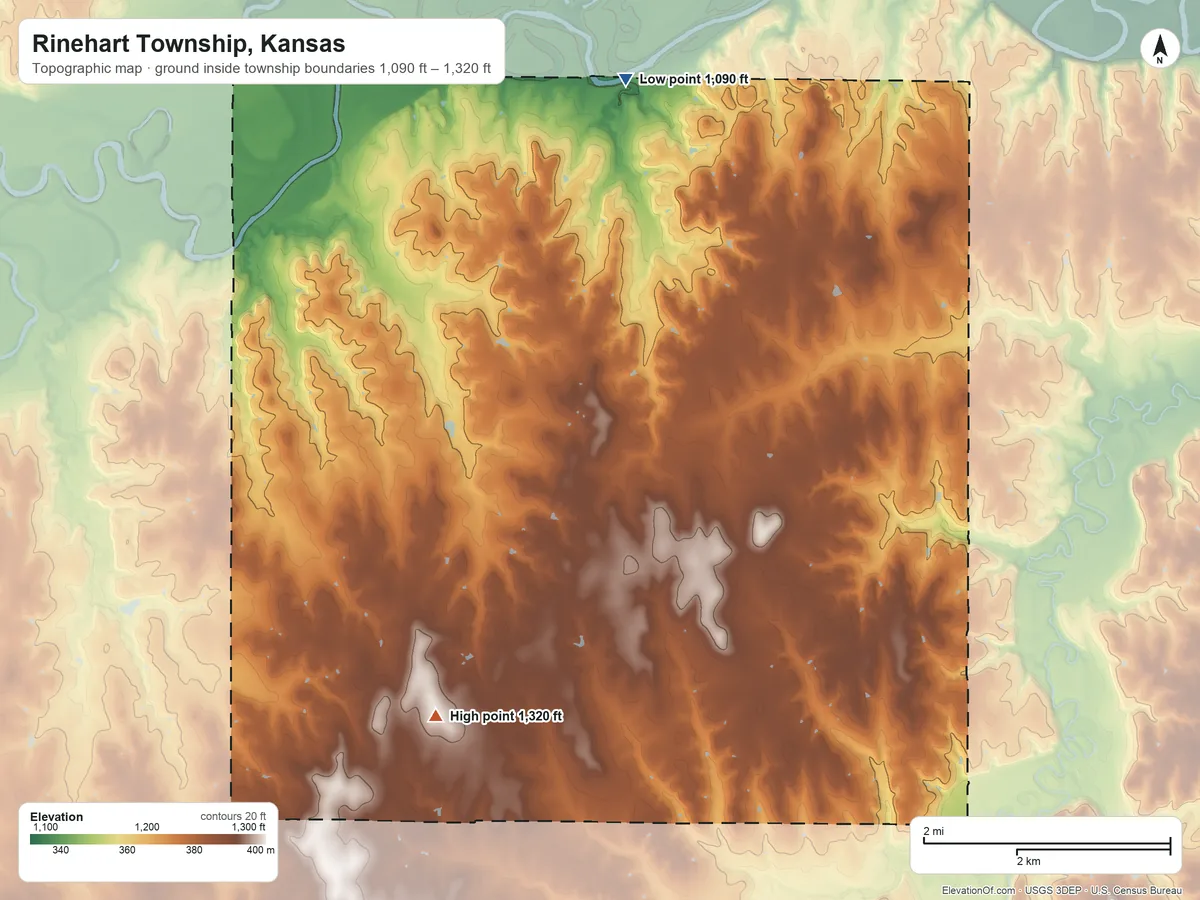 Topographic elevation map of Rinehart Township, Kansas, shaded from 1,090 ft on the north side to 1,320 ft on the southwest side