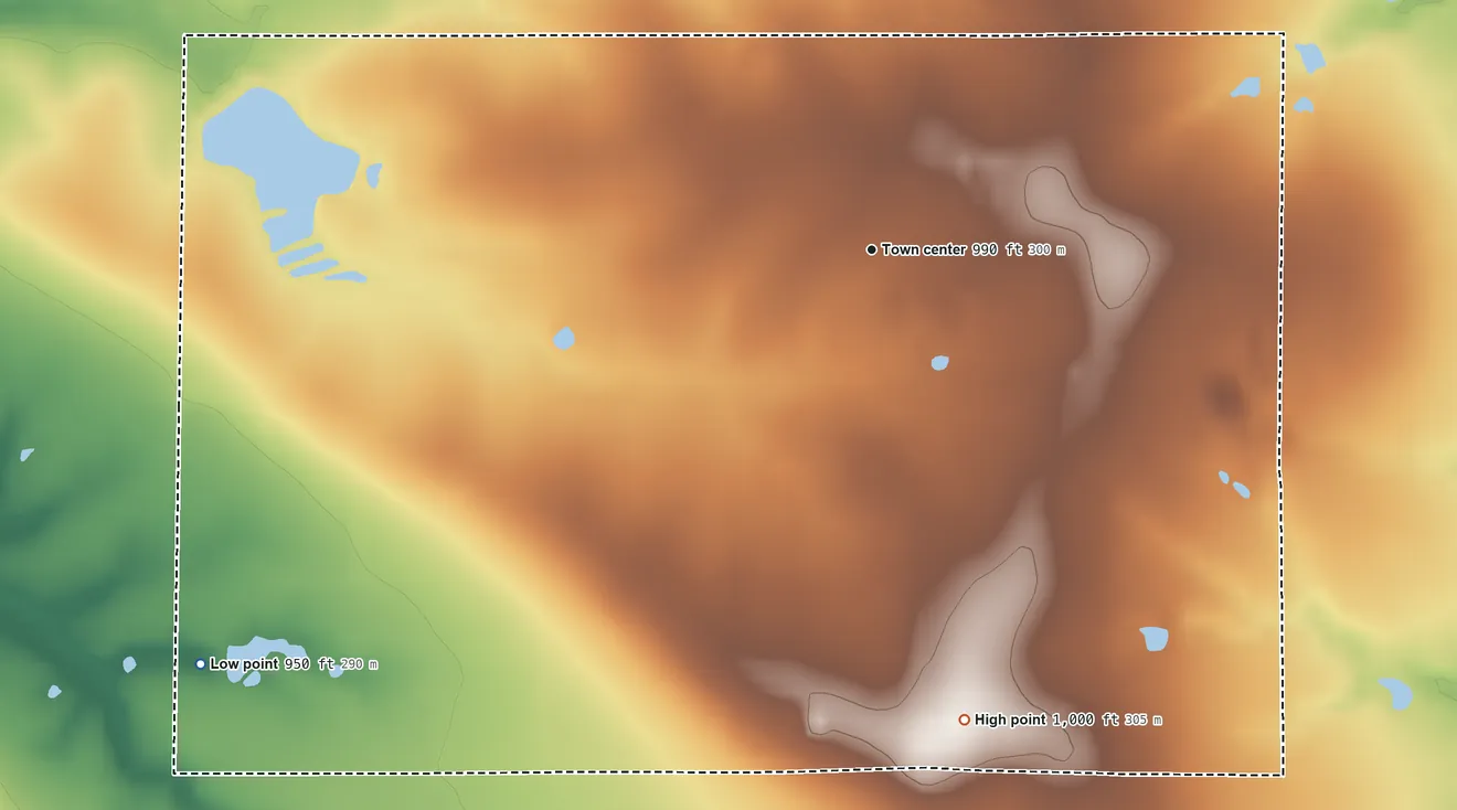 Topographic elevation map of Ringo, Kansas, shaded from 950 ft on the southwest side to 1,000 ft on the south side