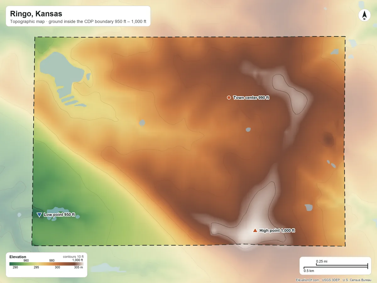 Topographic elevation map of Ringo, Kansas, shaded from 950 ft on the southwest side to 1,000 ft on the south side