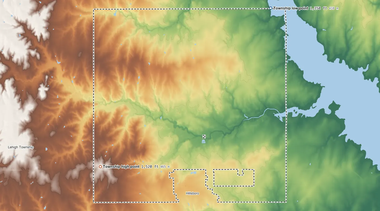 Topographic elevation map of Risley Township, Kansas, shaded from 1,350 ft on the northeast side to 1,520 ft on the southwest side