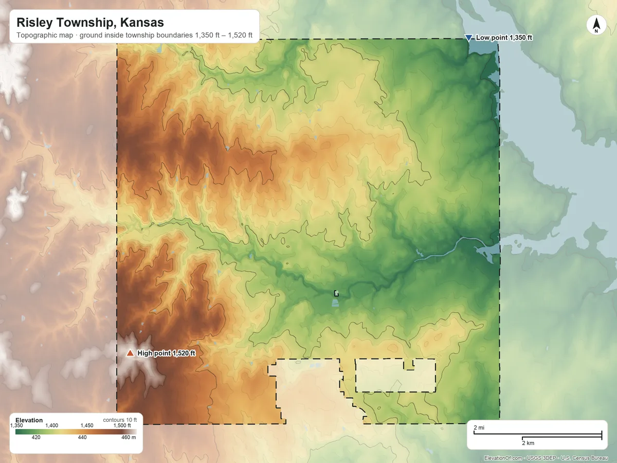Topographic elevation map of Risley Township, Kansas, shaded from 1,350 ft on the northeast side to 1,520 ft on the southwest side