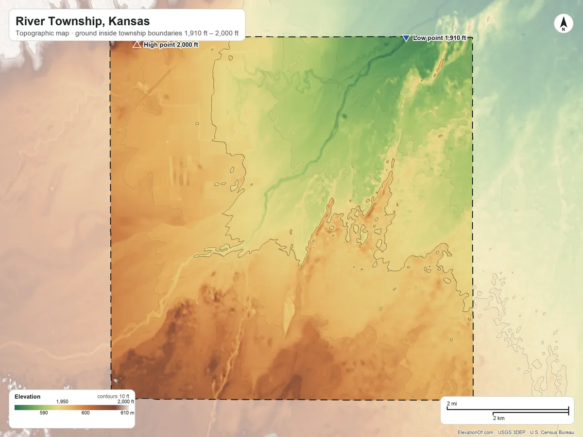 Topographic elevation map of River Township, Kansas, shaded from 1,910 ft on the northeast side to 2,000 ft on the northwest side