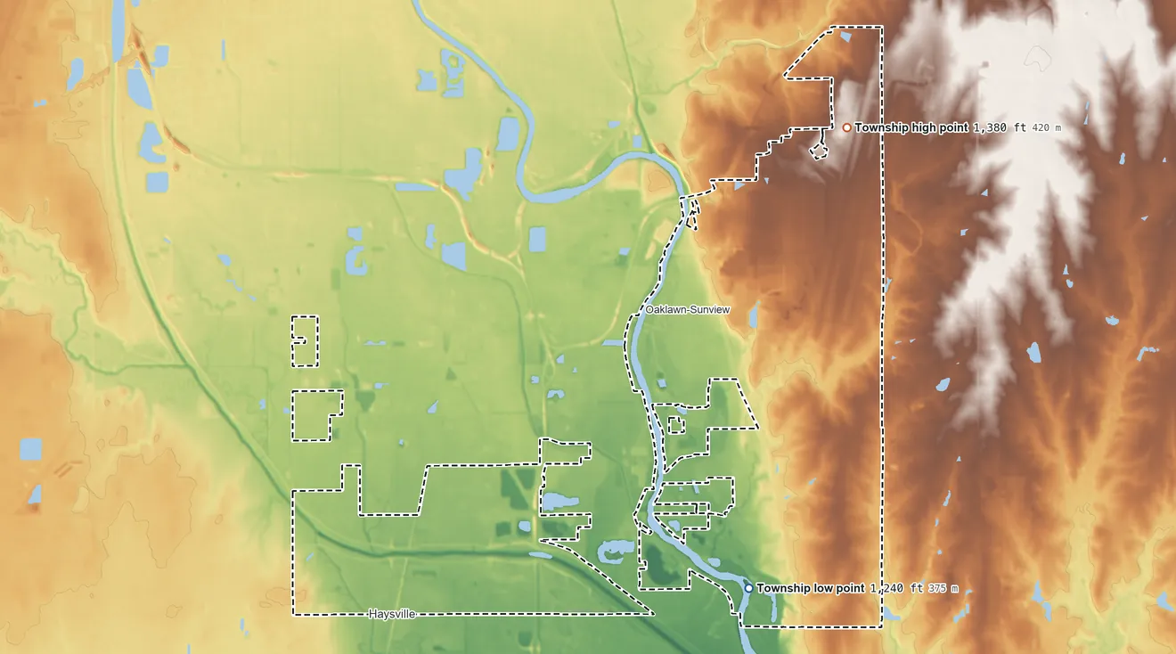 Topographic elevation map of Riverside Township, Kansas, shaded from 1,240 ft on the southeast side to 1,380 ft on the northeast side