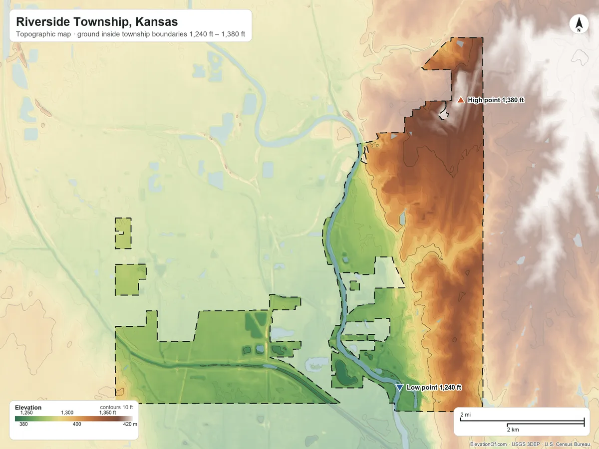 Topographic elevation map of Riverside Township, Kansas, shaded from 1,240 ft on the southeast side to 1,380 ft on the northeast side