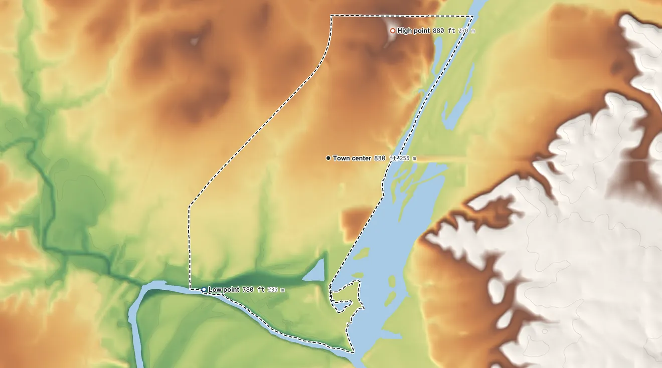 Topographic elevation map of Riverton, Kansas, shaded from 780 ft on the southwest side to 880 ft on the northeast side