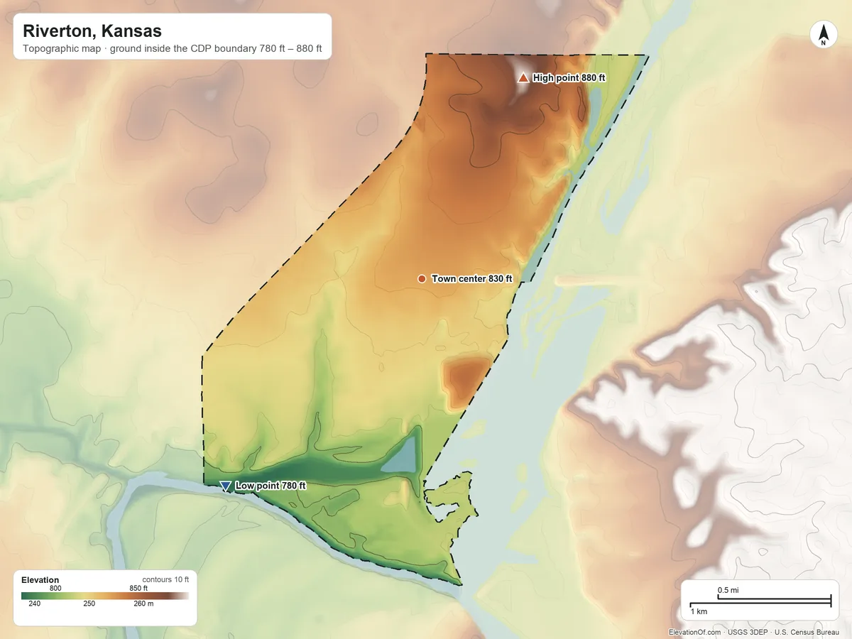 Topographic elevation map of Riverton, Kansas, shaded from 780 ft on the southwest side to 880 ft on the northeast side